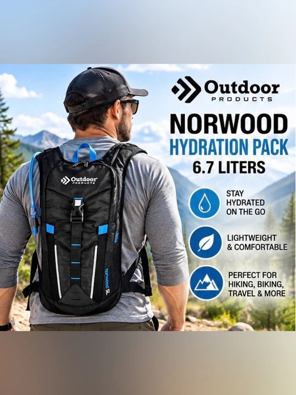Outdoor Products Norwood 6.7L Hydration Backpack 2L Reservoir Hiking Black Blue